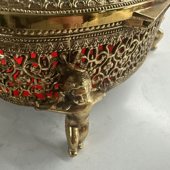 Vintage Ormulu Cherub Vanity Footed Jewelry Trinket Brass Box With Glass Top NIB - Picture 13 of 16